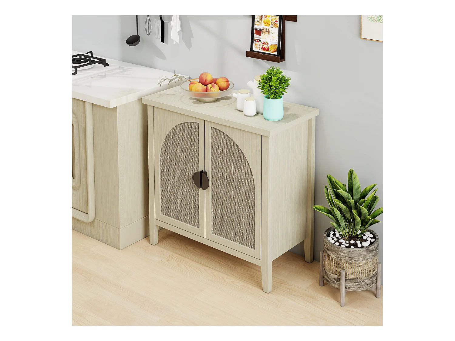 Buffet Salon, Meuble de Rangement avec 2 Portes Effet rotin et étagère réglable, pour Salle, Bois