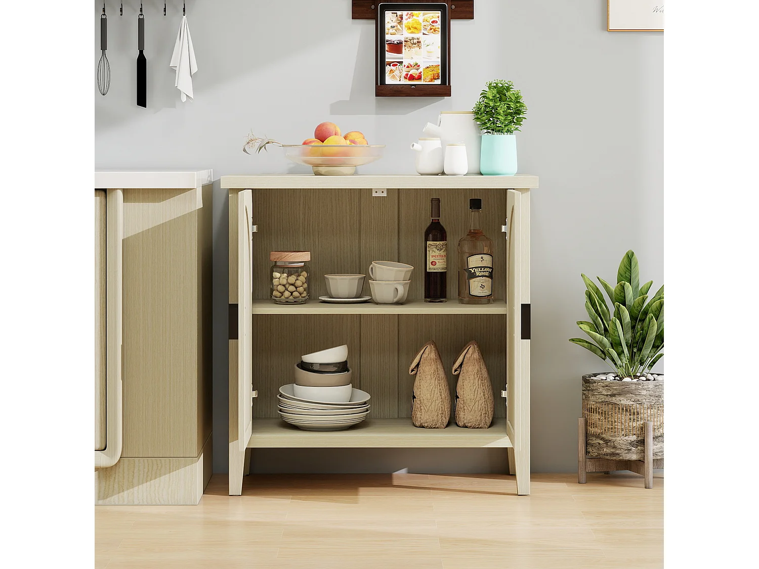 Aparador de salón, mueble de almacenaje con 2 puertas efecto ratán y estante ajustable, para comedor, madera