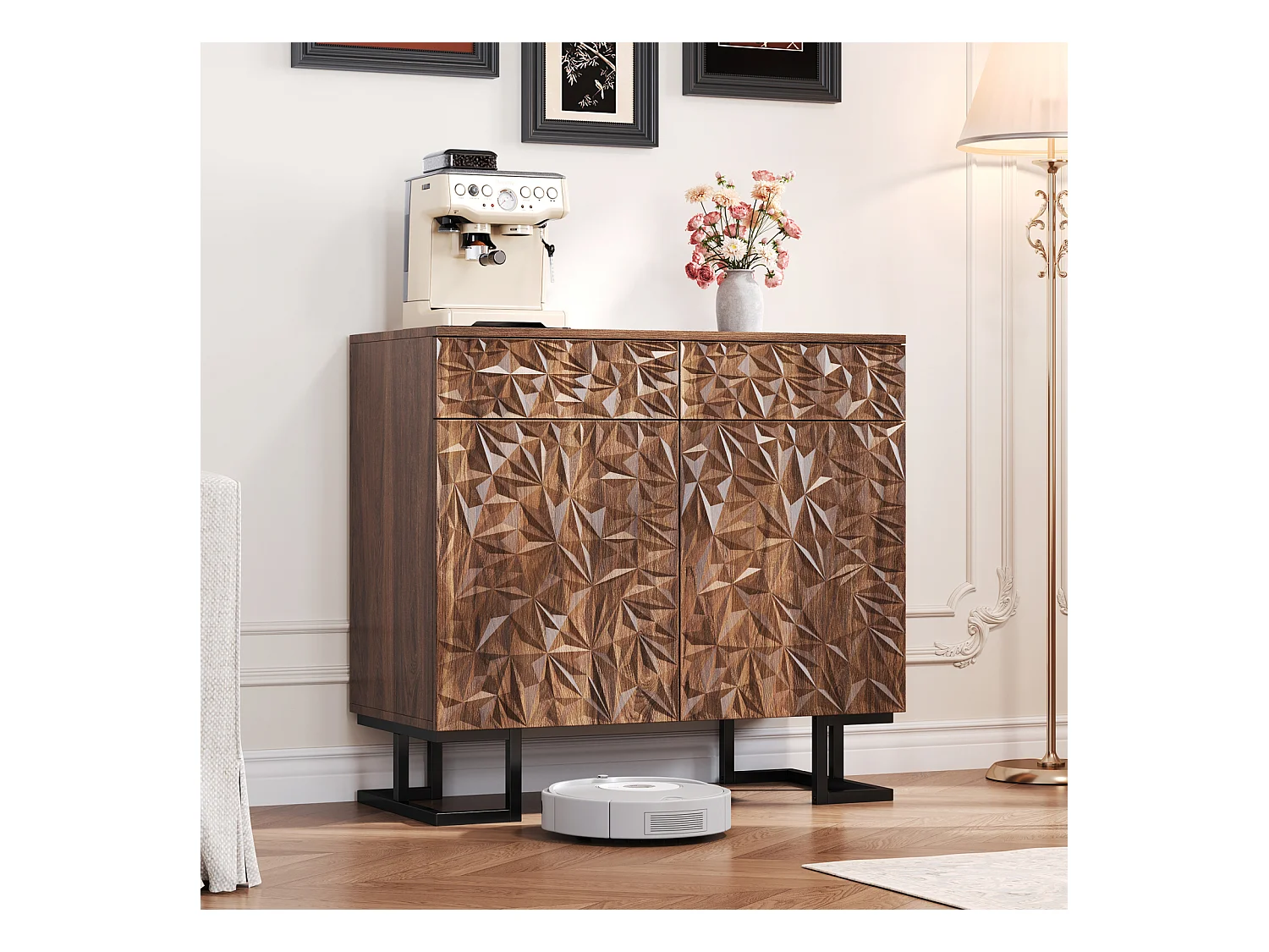 Buffet Commode en MDF 80×40×78cm avec 2 Portes, 2 Tiroirs Rangement - pour Cuisine et Salon