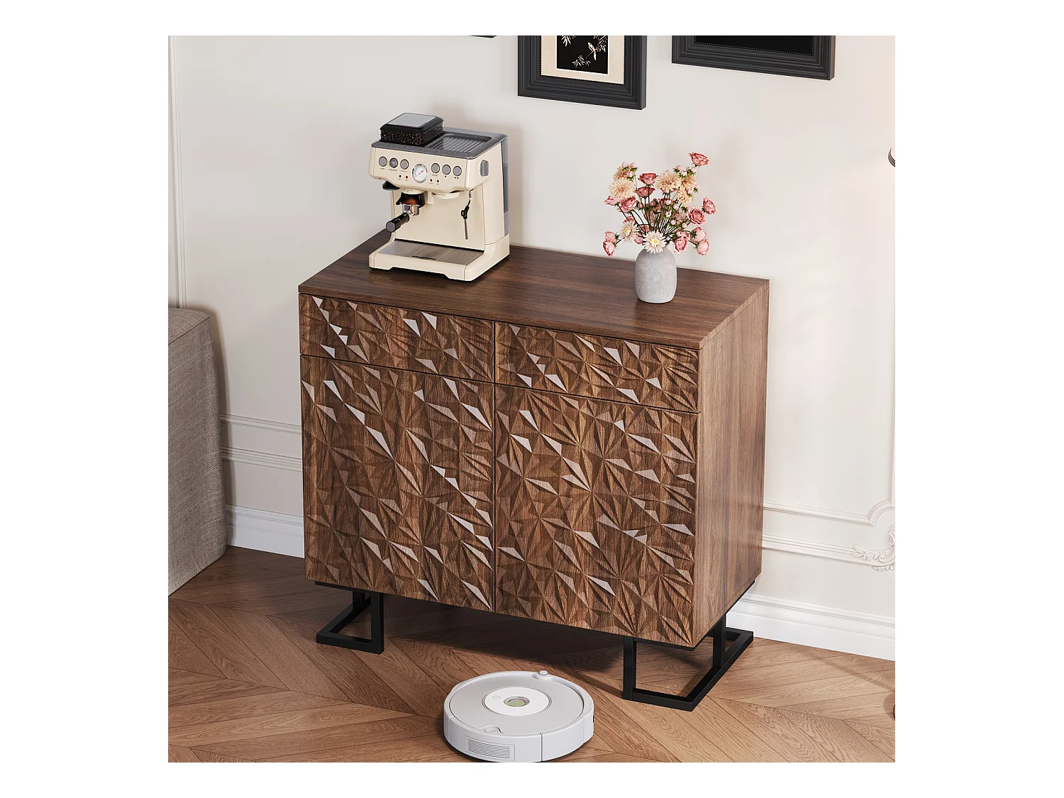 Buffet Commode en MDF 80×40×78cm avec 2 Portes, 2 Tiroirs Rangement - pour Cuisine et Salon