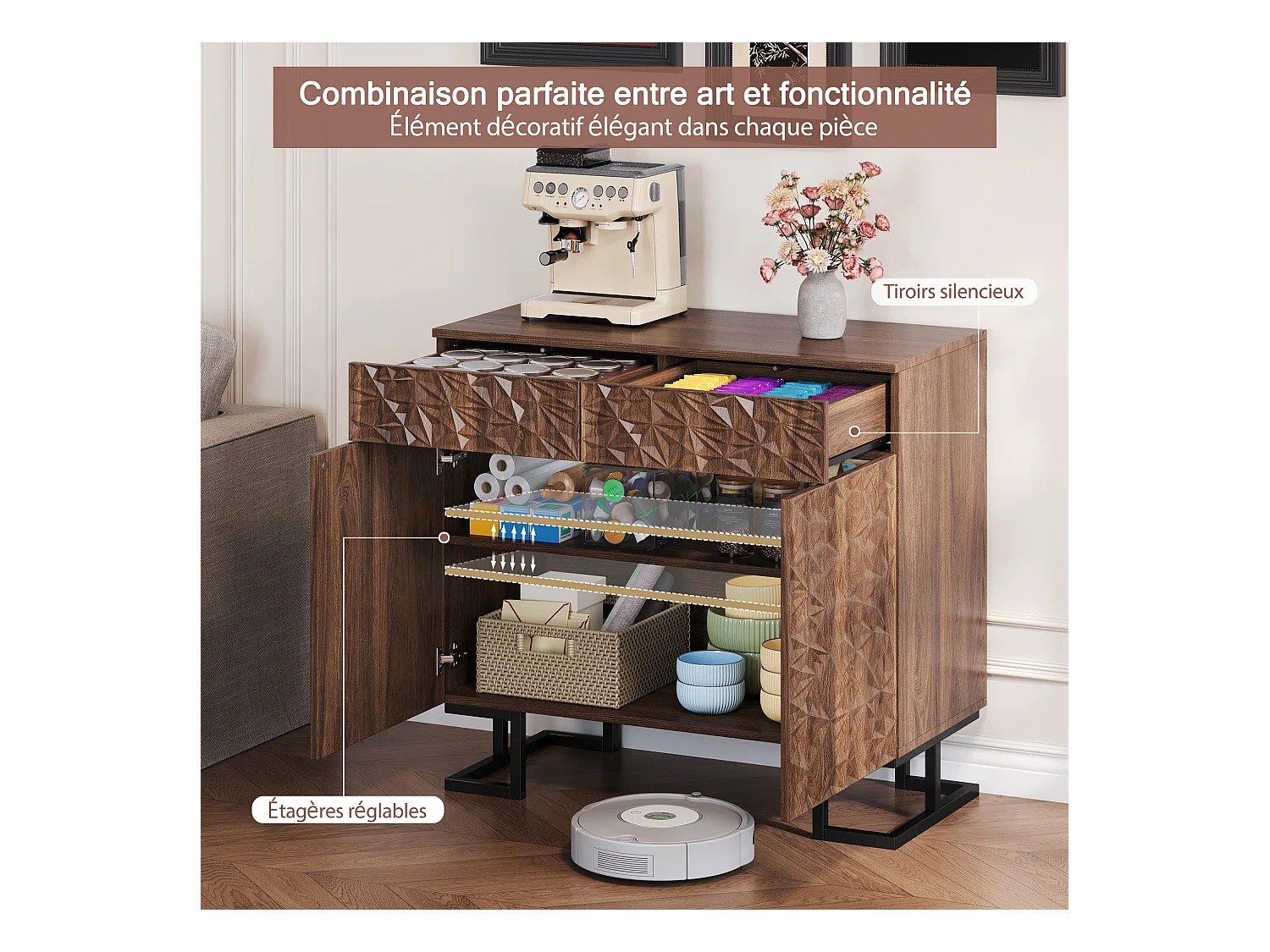 Buffet Commode en MDF 80×40×78cm avec 2 Portes, 2 Tiroirs Rangement - pour Cuisine et Salon