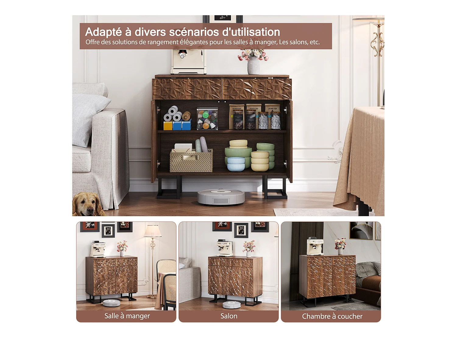 Buffet Commode en MDF 80×40×78cm avec 2 Portes, 2 Tiroirs Rangement - pour Cuisine et Salon