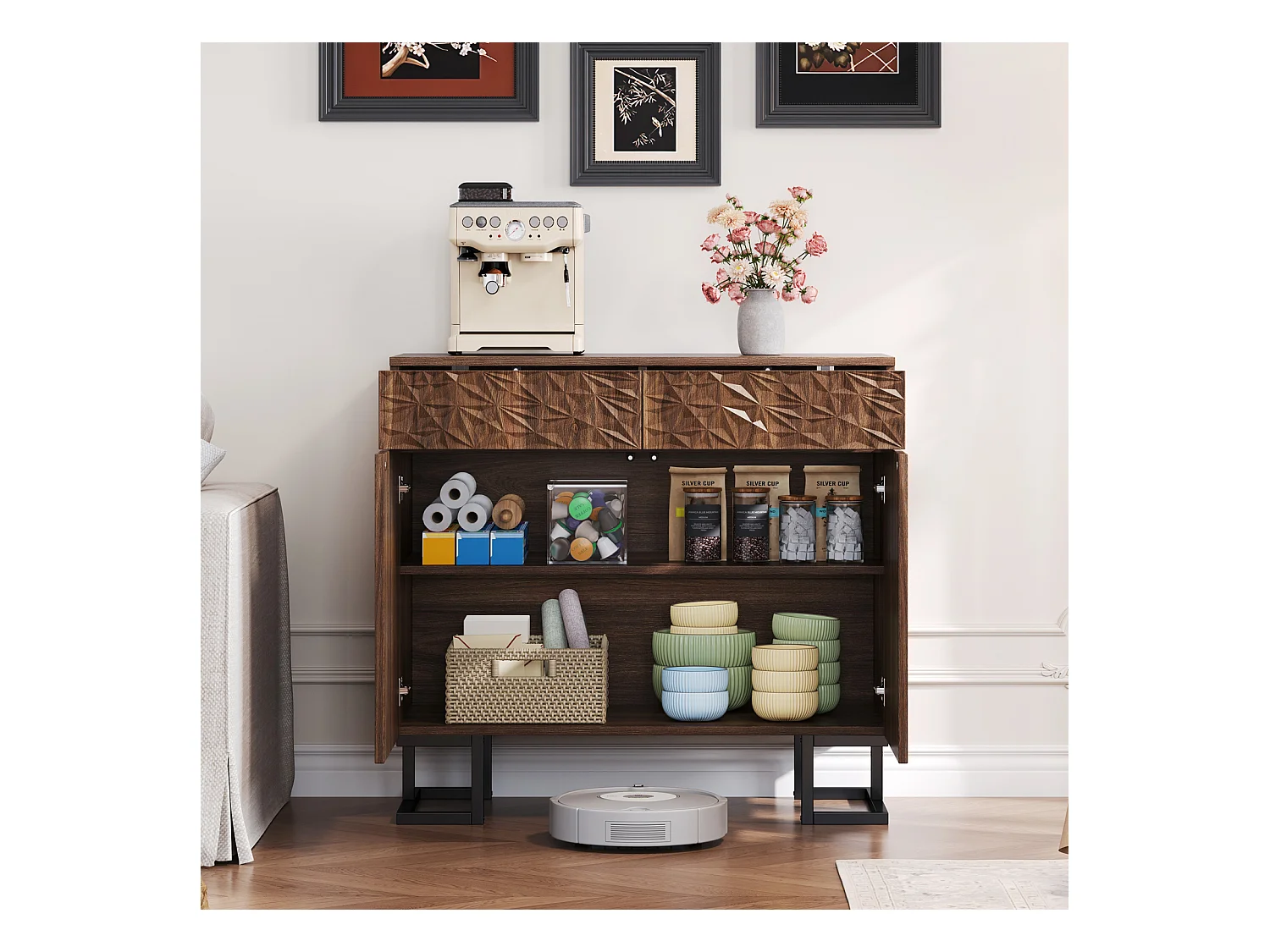 Buffet Commode en MDF 80×40×78cm avec 2 Portes, 2 Tiroirs Rangement - pour Cuisine et Salon
