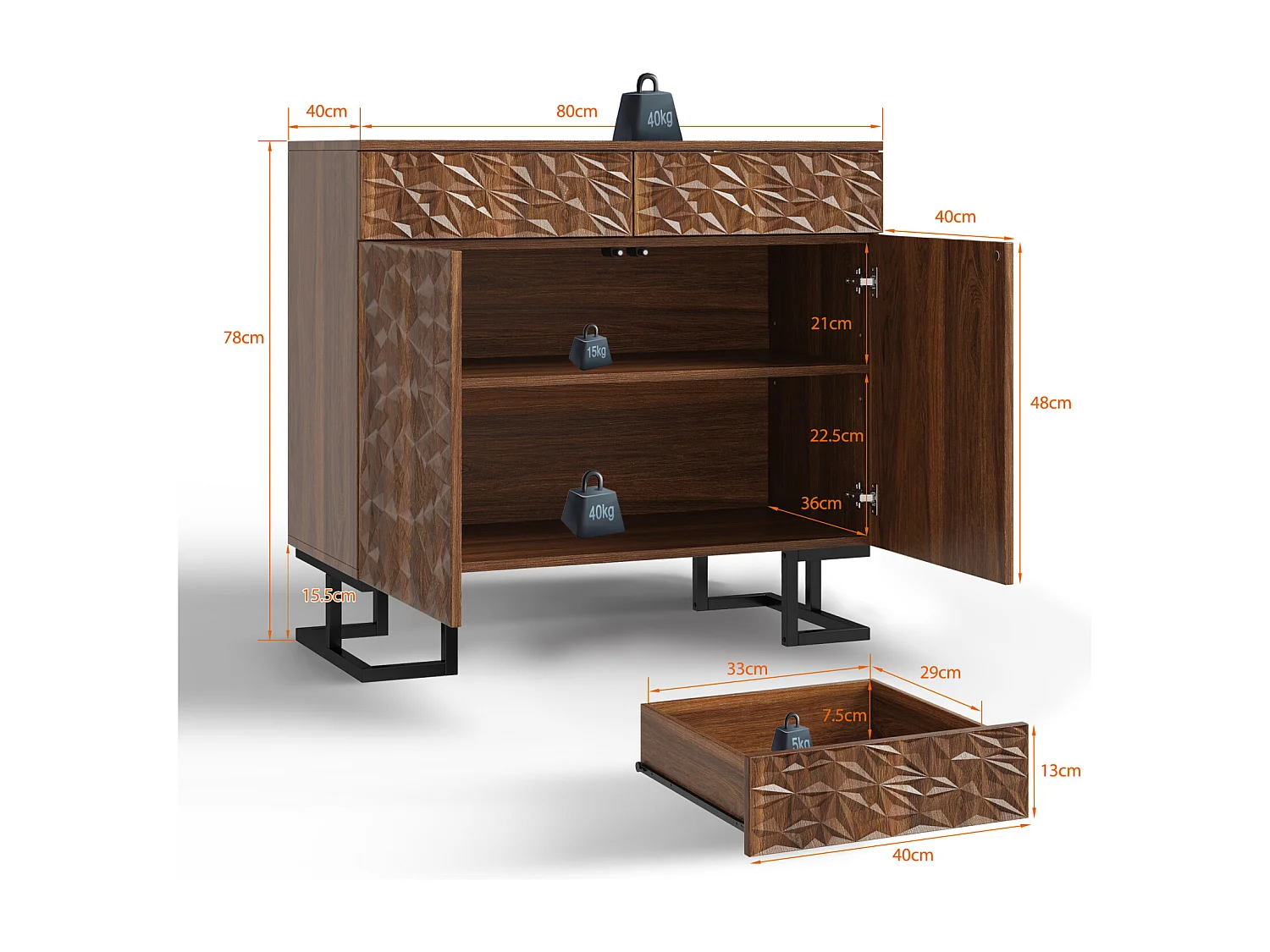 MDF Dressoir Ladekast 80×40×78cm met 2 Deuren, 2 Opberglades - voor Keuken en Woonkamer