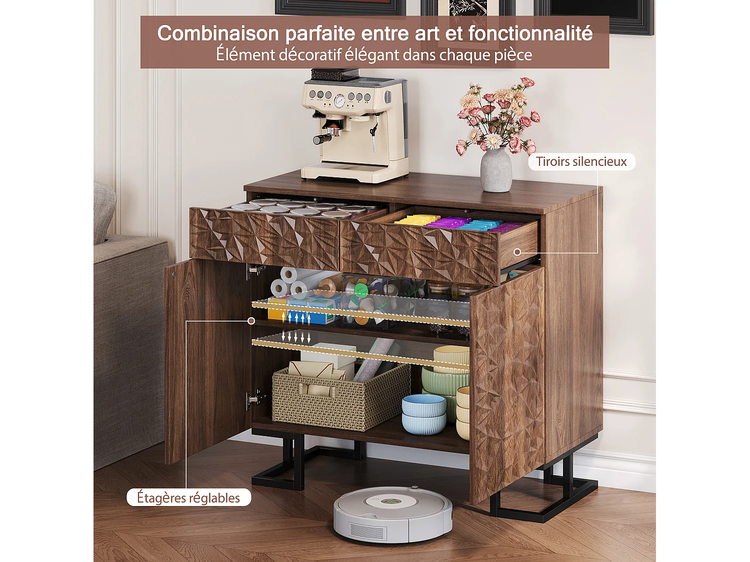 MDF Dressoir Ladekast 80×40×78cm met 2 Deuren, 2 Opberglades - voor Keuken en Woonkamer