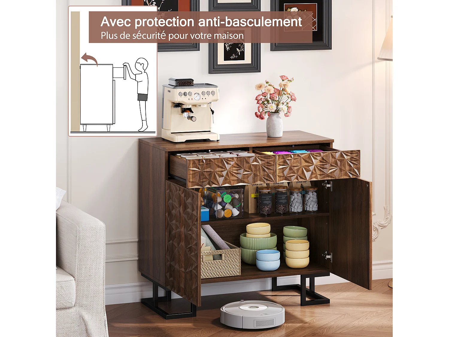 MDF Dressoir Ladekast 80×40×78cm met 2 Deuren, 2 Opberglades - voor Keuken en Woonkamer