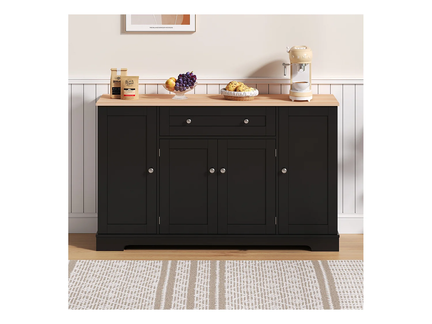 Buffet Cuisine Multifonctionnel, Armoire de Rangement avec tiroir, étagères, 138 x 40 x 85cm, Noir