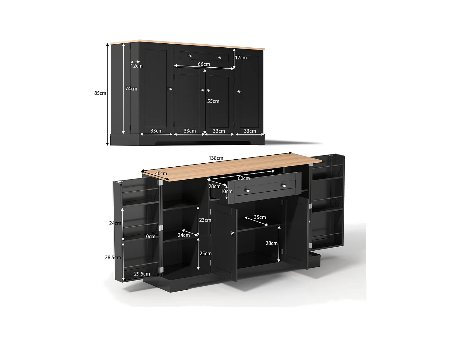 Buffet Cuisine Multifonctionnel, Armoire de Rangement avec tiroir, étagères, 138 x 40 x 85cm, Noir