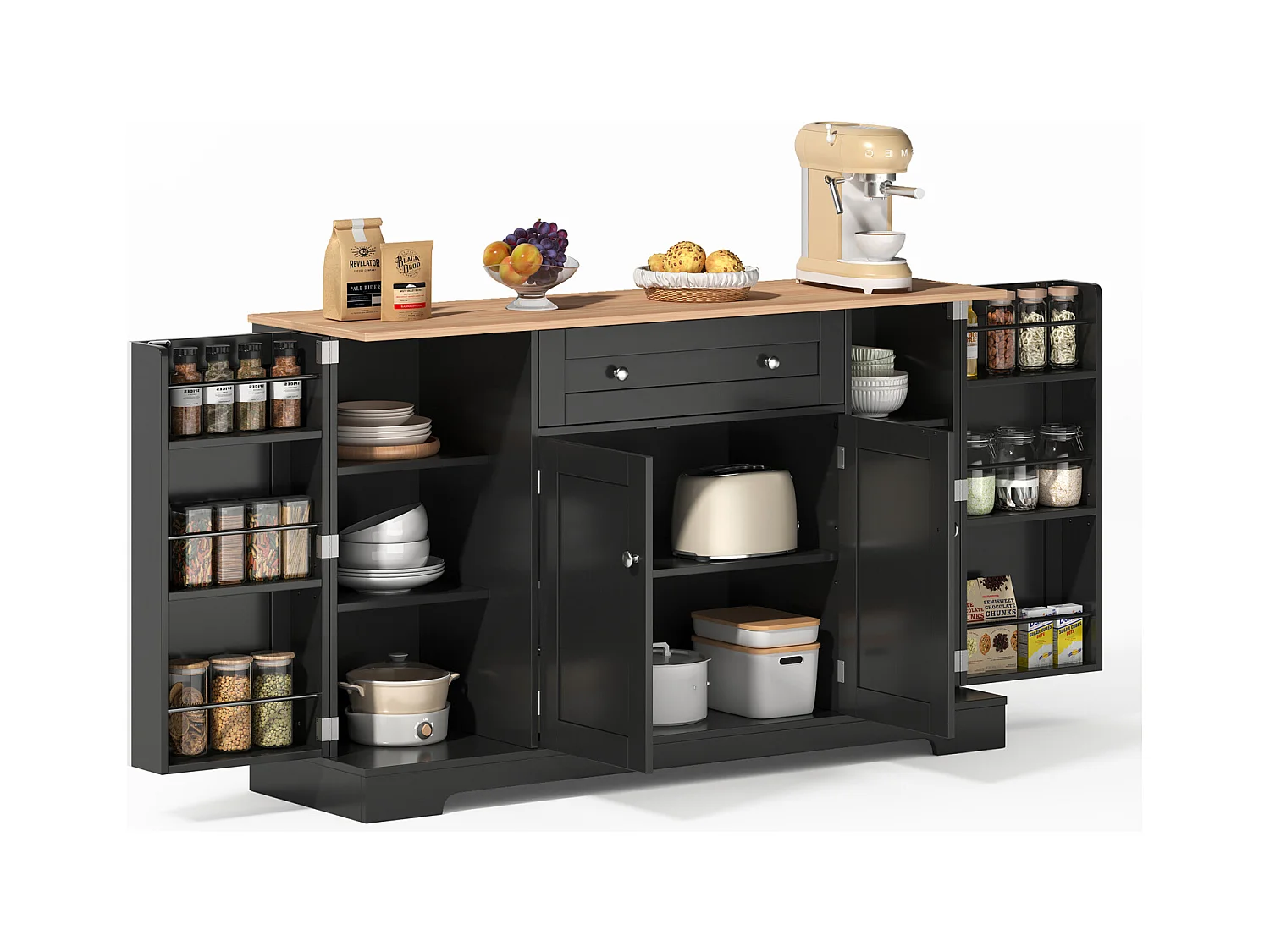 Buffet Cuisine Multifonctionnel, Armoire de Rangement avec tiroir, étagères, 138 x 40 x 85cm, Noir