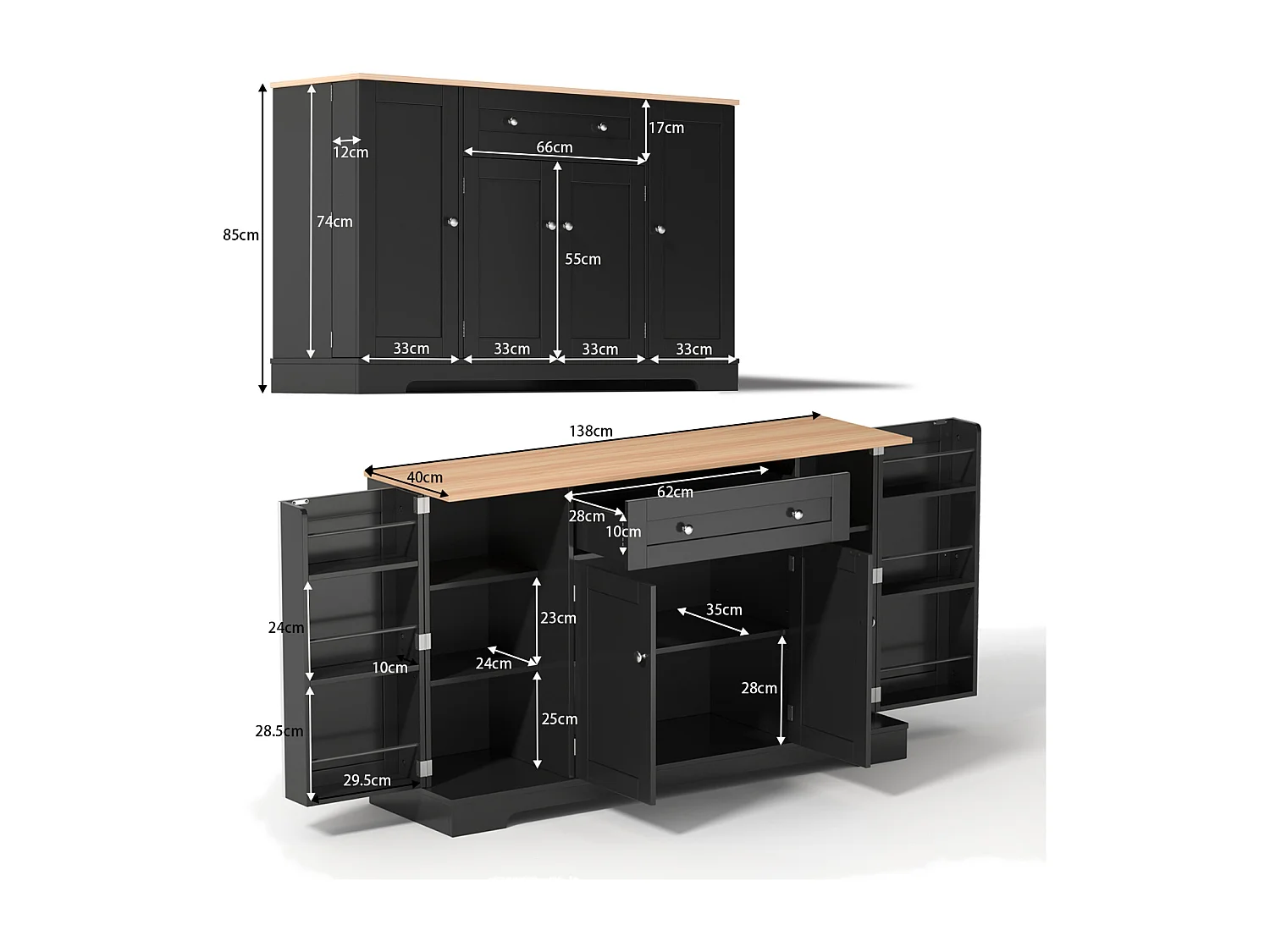 Credenza da cucina multifunzionale, mobiletto portaoggetti con cassetto, ripiani, 138 x 40 x 85 cm, nero