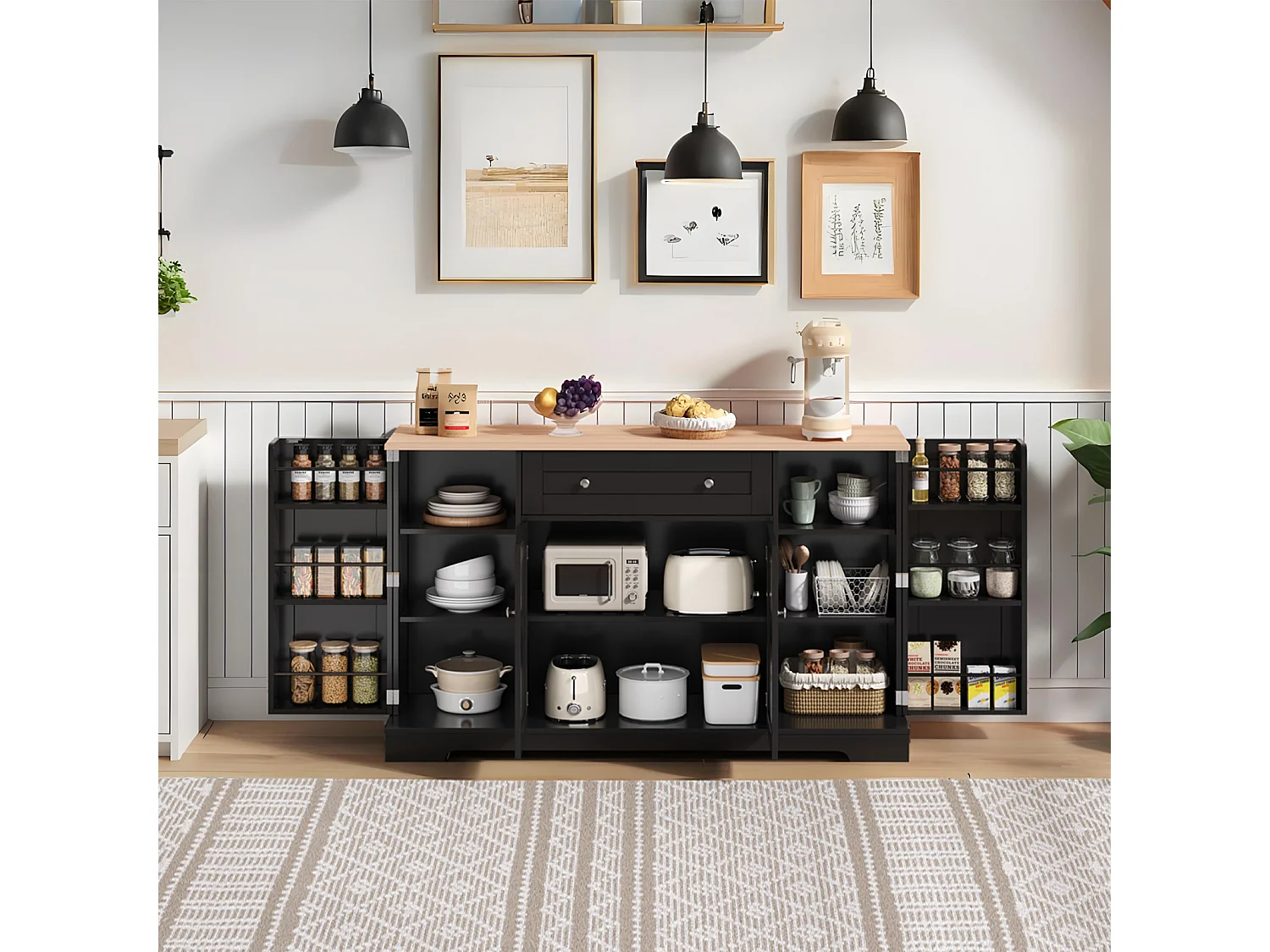 Credenza da cucina multifunzionale, mobiletto portaoggetti con cassetto, ripiani, 138 x 40 x 85 cm, nero