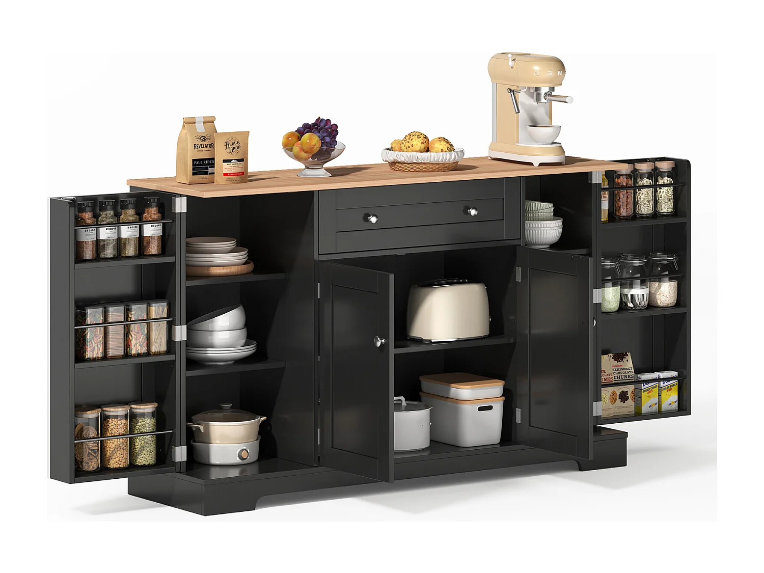 Credenza da cucina multifunzionale, mobiletto portaoggetti con cassetto, ripiani, 138 x 40 x 85 cm, nero