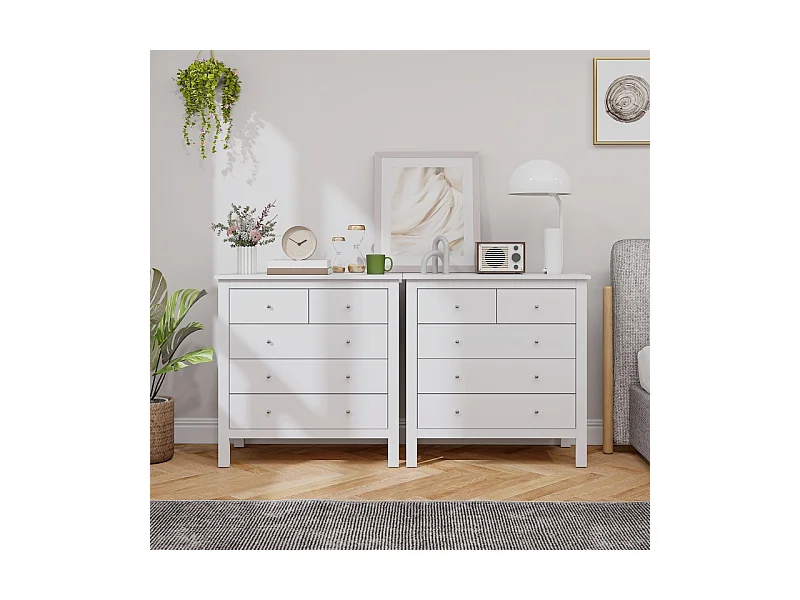 Commode Blanche à 5 tiroirs, Meuble de Rangement Chambre en Bois pour Bureau, Salon ou Chambre