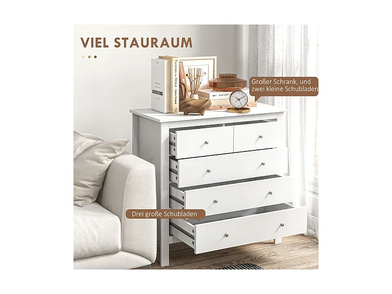 Commode Blanche à 5 tiroirs, Meuble de Rangement Chambre en Bois pour Bureau, Salon ou Chambre