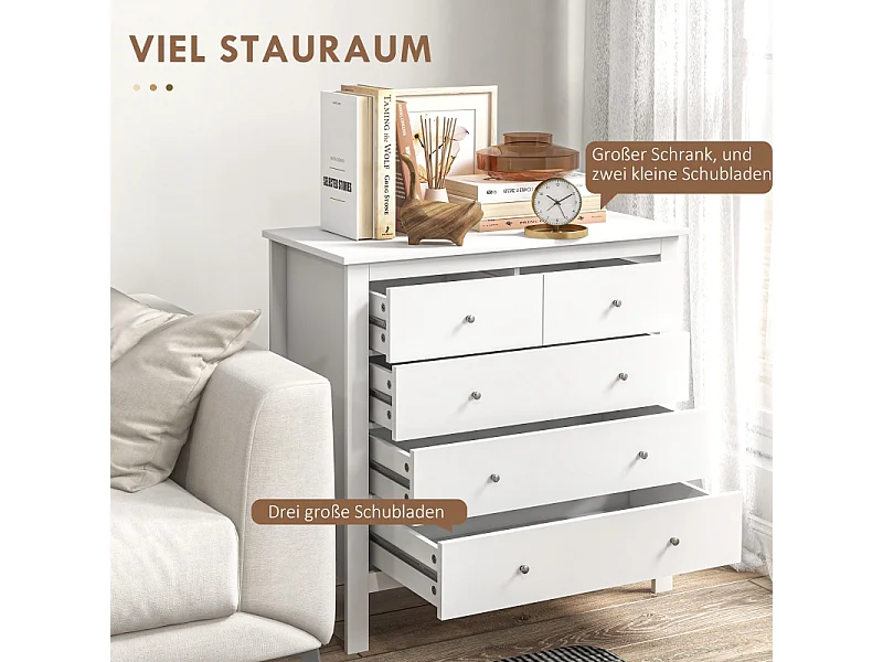 Commode Blanche à 5 tiroirs, Meuble de Rangement Chambre en Bois pour Bureau, Salon ou Chambre