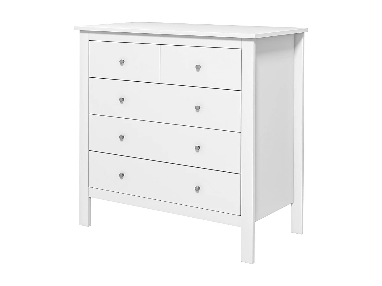 Commode Blanche à 5 tiroirs, Meuble de Rangement Chambre en Bois pour Bureau, Salon ou Chambre