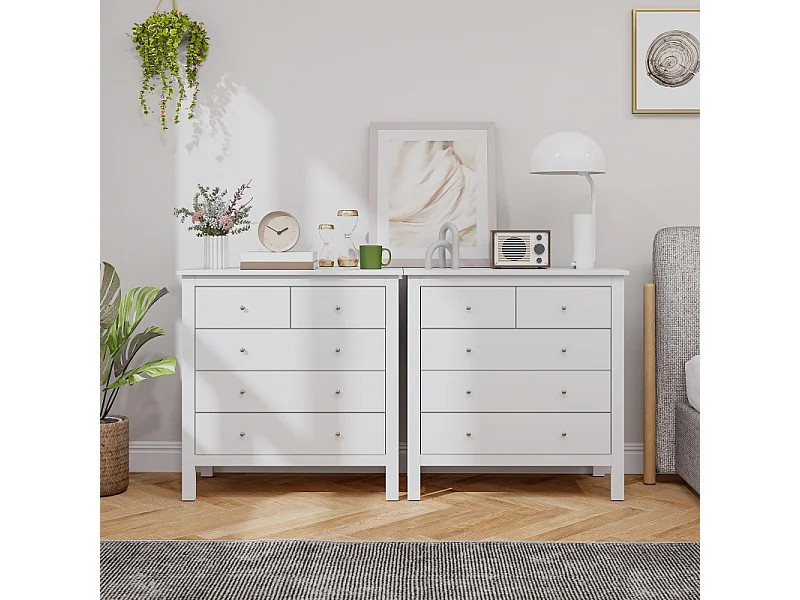 Commode Blanche à 5 tiroirs, Meuble de Rangement Chambre en Bois pour Bureau, Salon ou Chambre