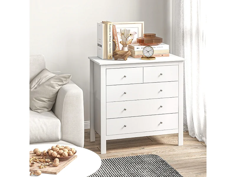 Commode Blanche à 5 tiroirs, Meuble de Rangement Chambre en Bois pour Bureau, Salon ou Chambre
