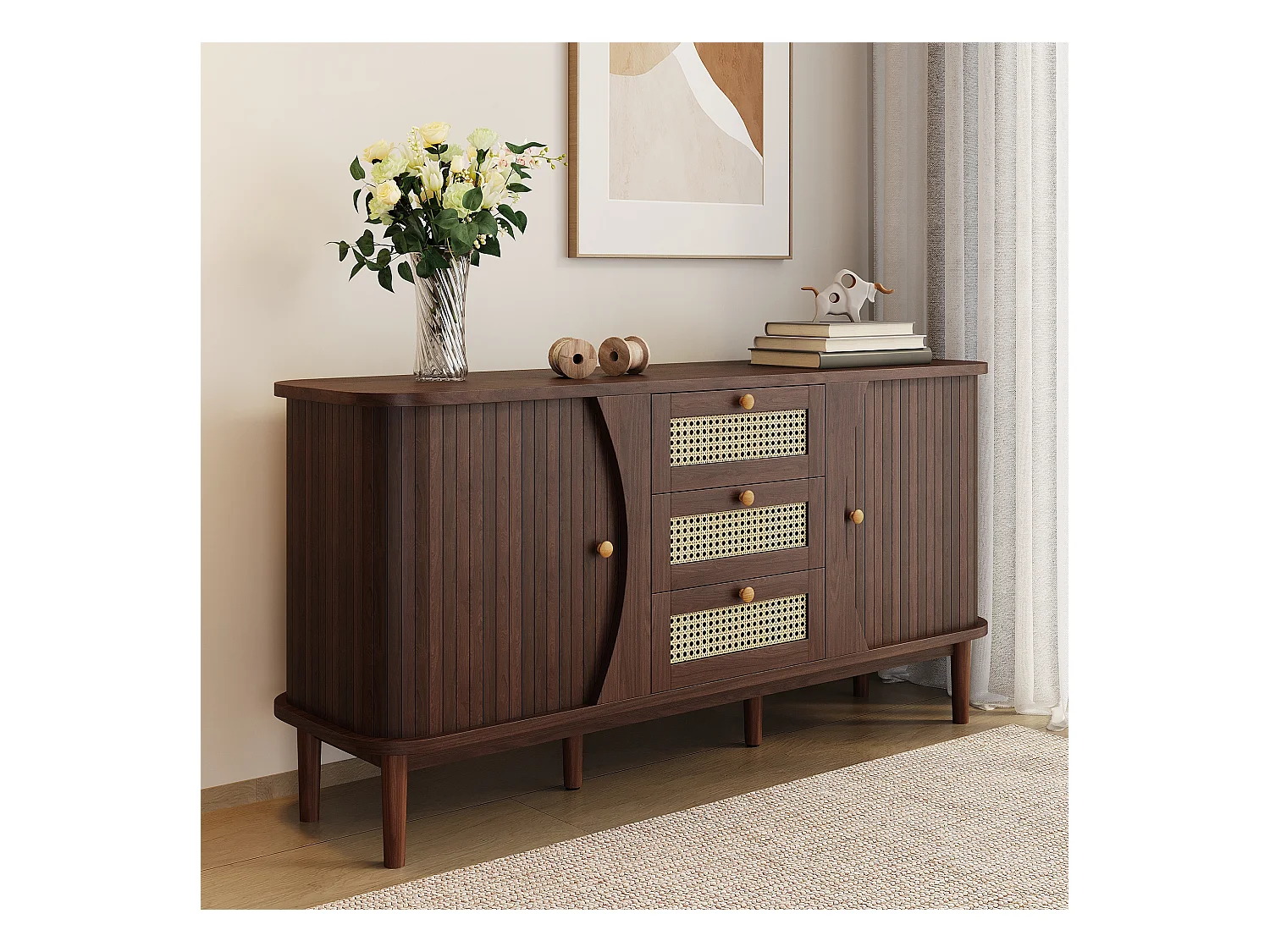 Buffet en rotin avec 3 tiroirs, commode avec 2 portes coulissantes, armoire de buffet,  noyer