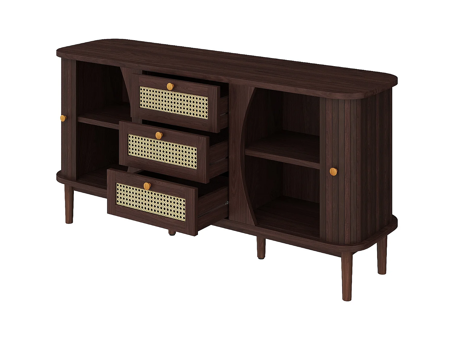 Buffet en rotin avec 3 tiroirs, commode avec 2 portes coulissantes, armoire de buffet,  noyer