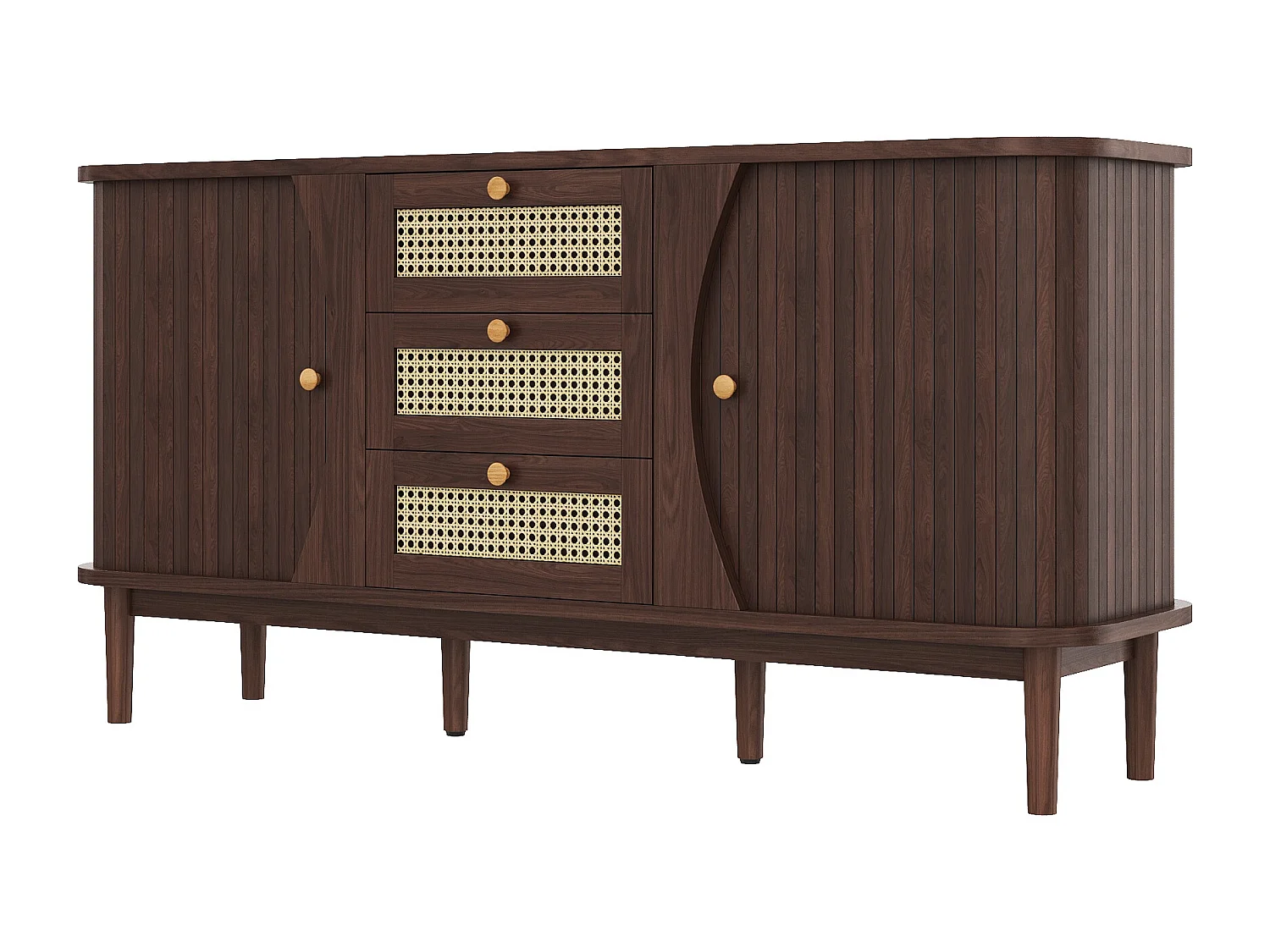 Buffet en rotin avec 3 tiroirs, commode avec 2 portes coulissantes, armoire de buffet,  noyer