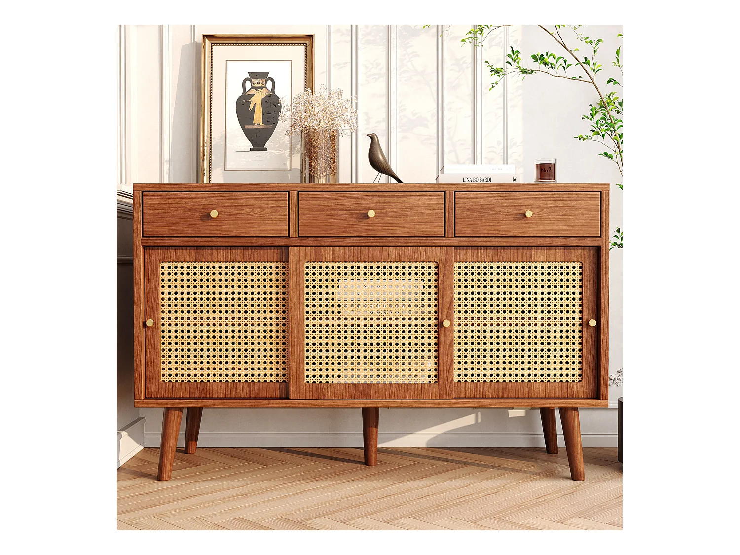 Buffet avec 3 tiroirs 3 rotin portes coulissantes, étagères réglables, noyer, 120x40x78 cm