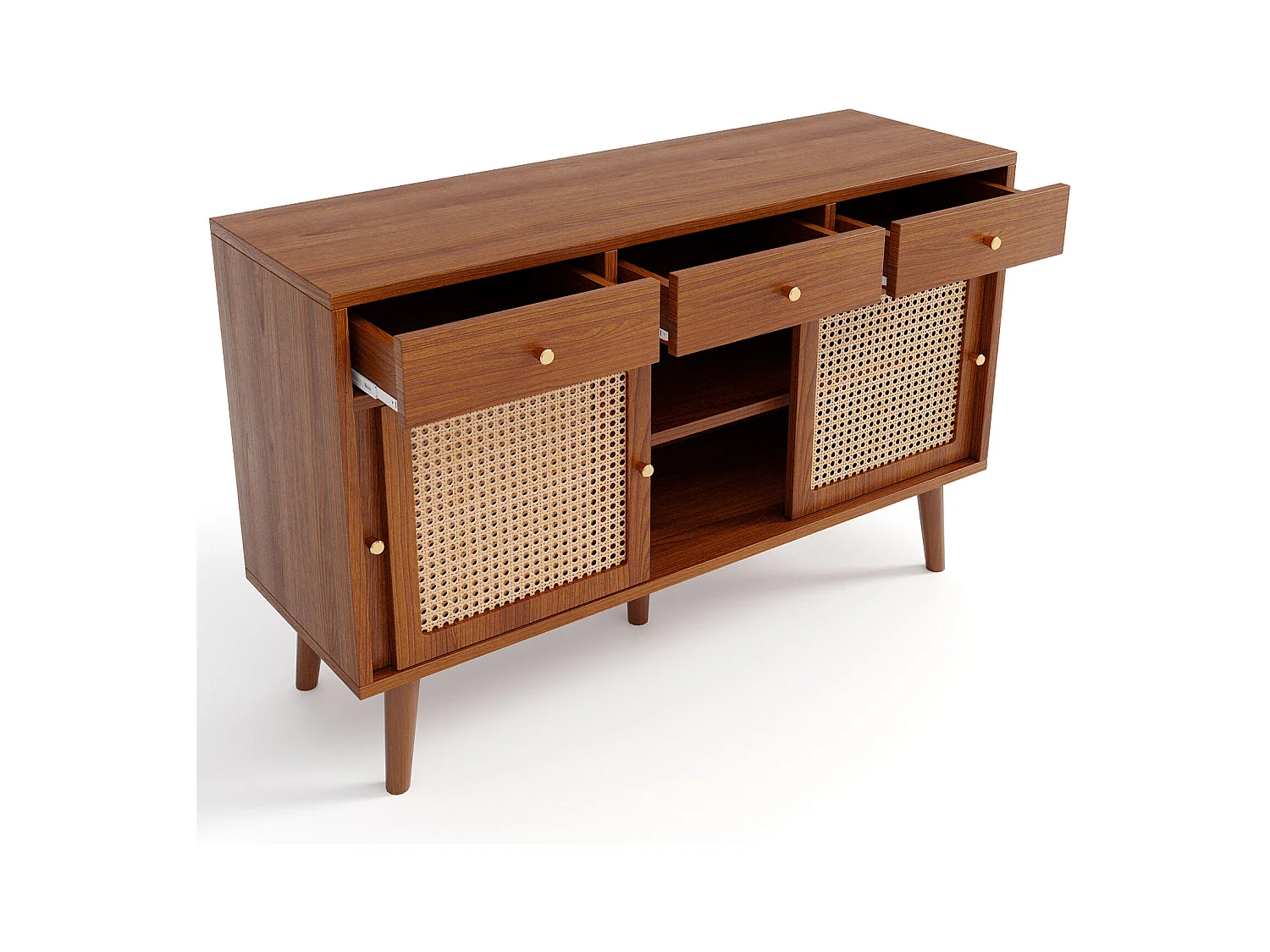 Buffet avec 3 tiroirs 3 rotin portes coulissantes, étagères réglables, noyer, 120x40x78 cm