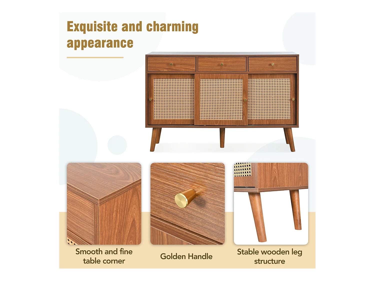 Buffet avec 3 tiroirs 3 rotin portes coulissantes, étagères réglables, noyer, 120x40x78 cm