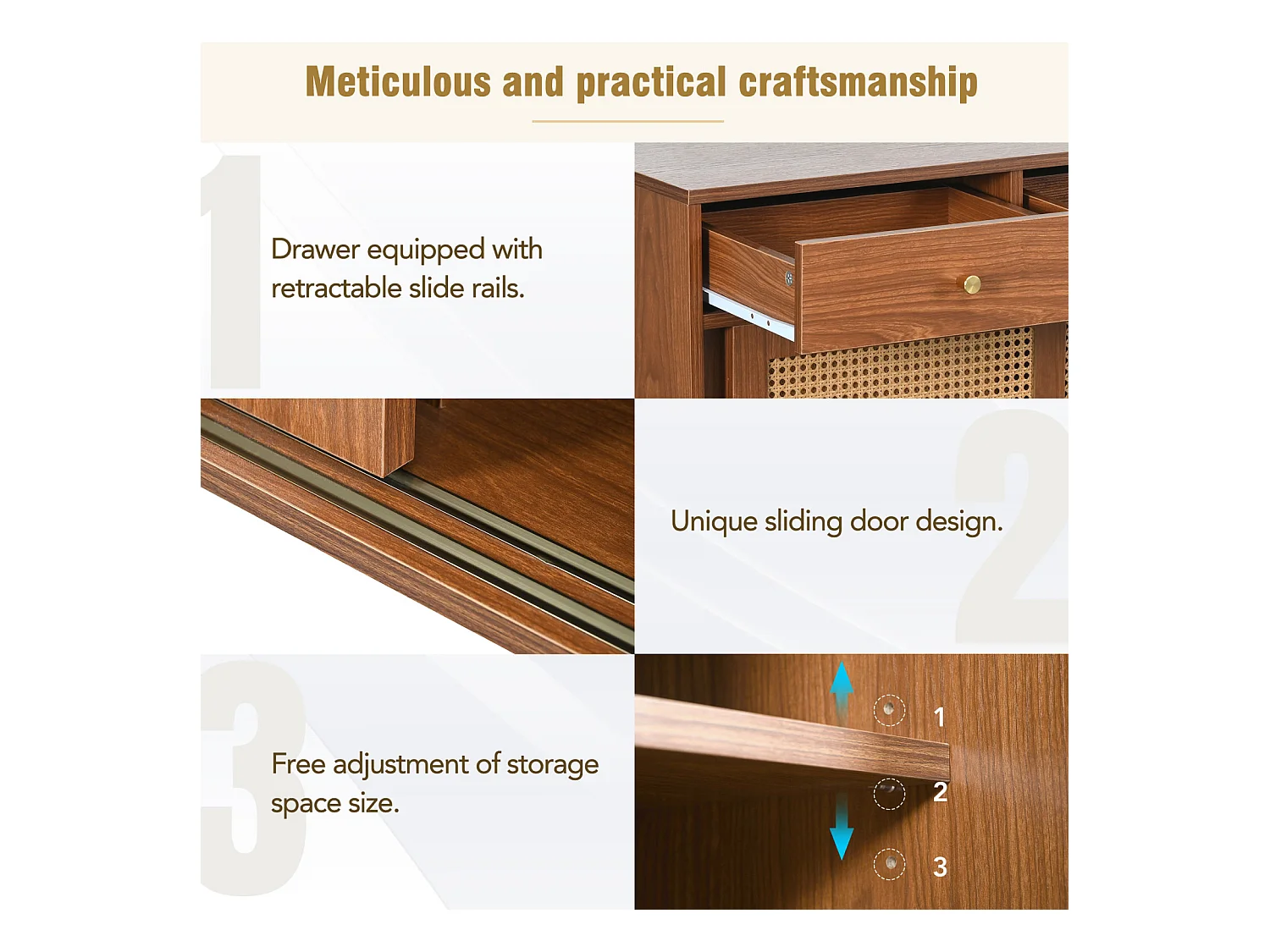 Buffet avec 3 tiroirs 3 rotin portes coulissantes, étagères réglables, noyer, 120x40x78 cm