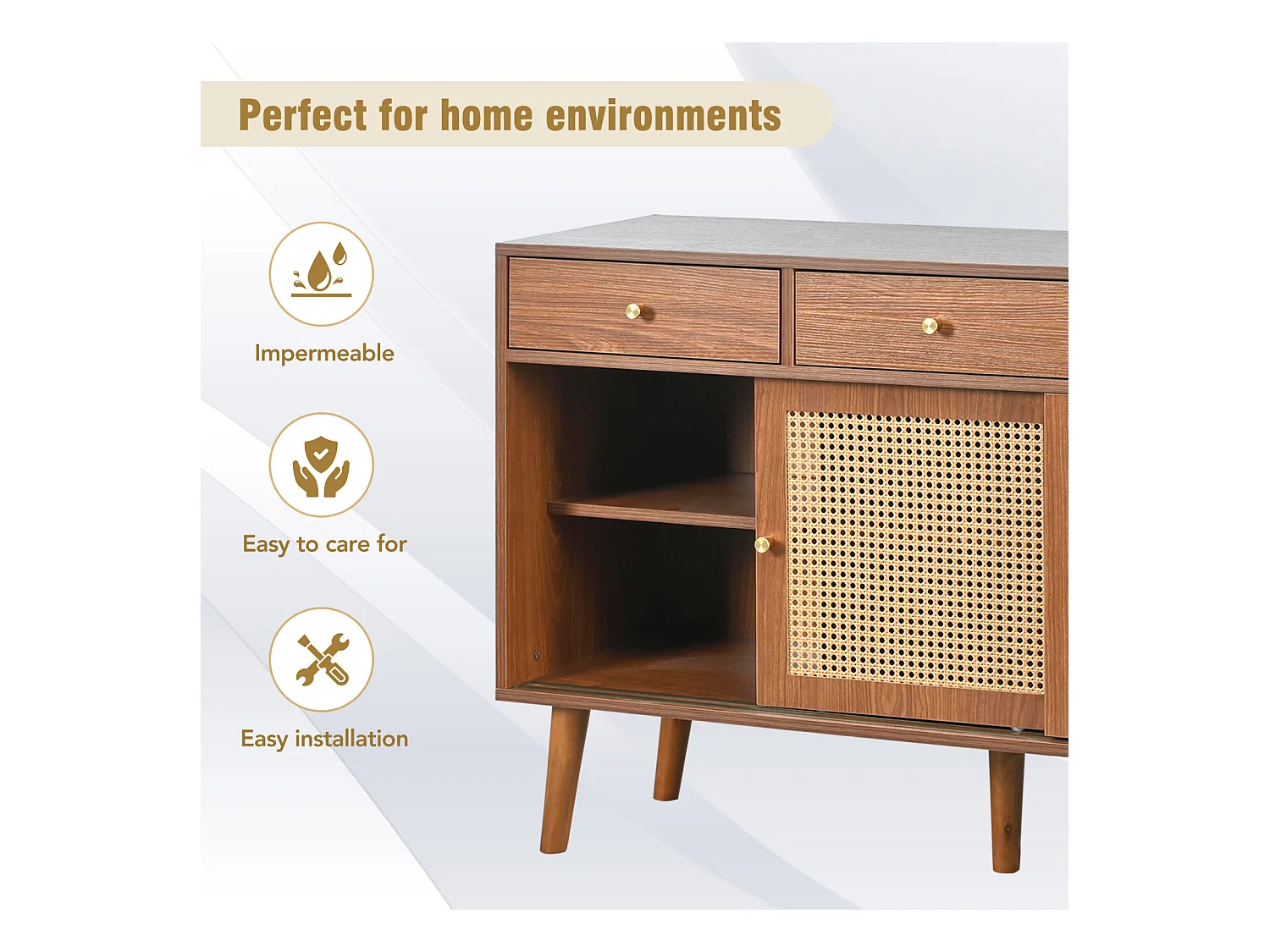 Buffet avec 3 tiroirs 3 rotin portes coulissantes, étagères réglables, noyer, 120x40x78 cm