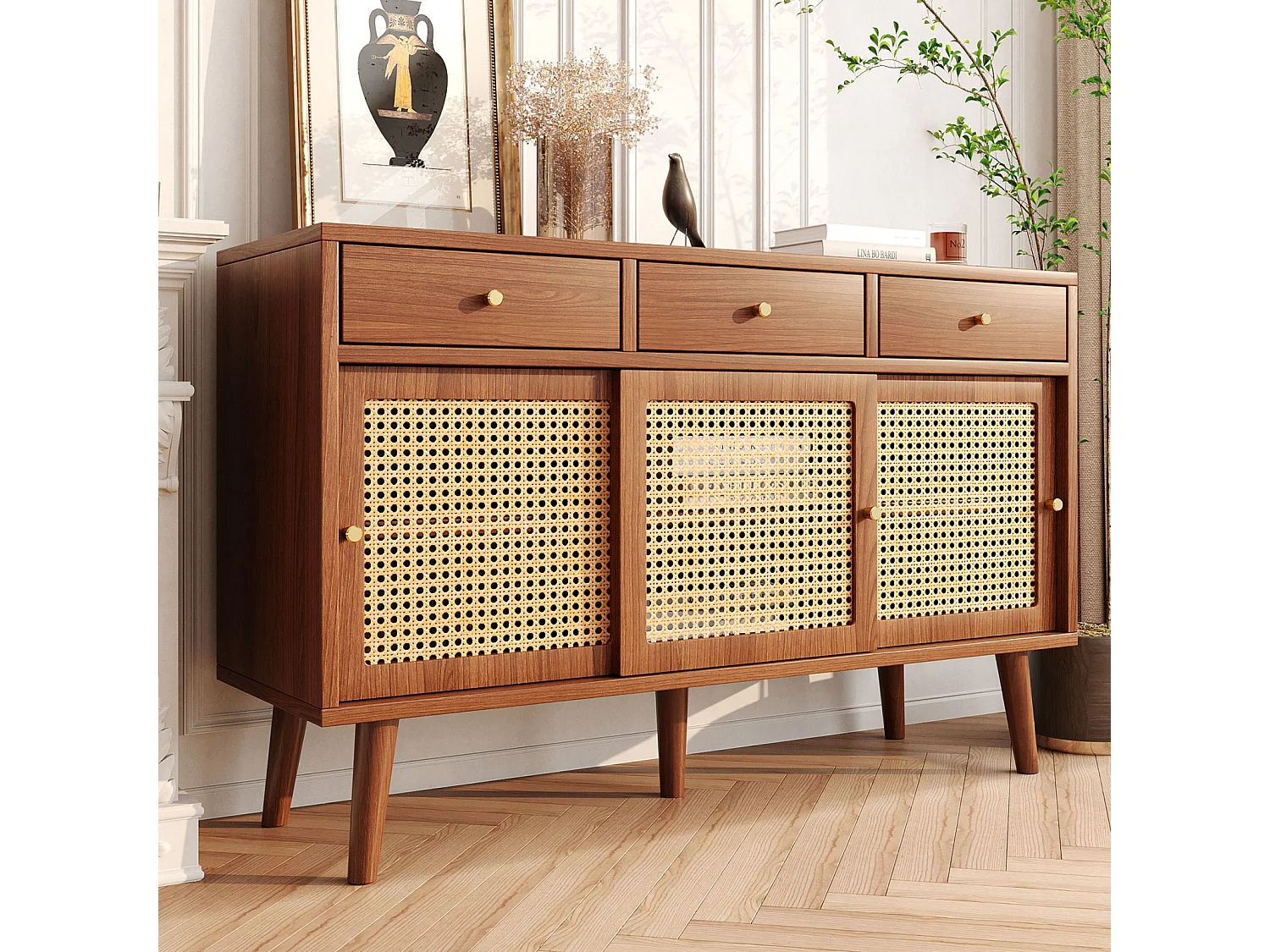 Buffet avec 3 tiroirs 3 rotin portes coulissantes, étagères réglables, noyer, 120x40x78 cm