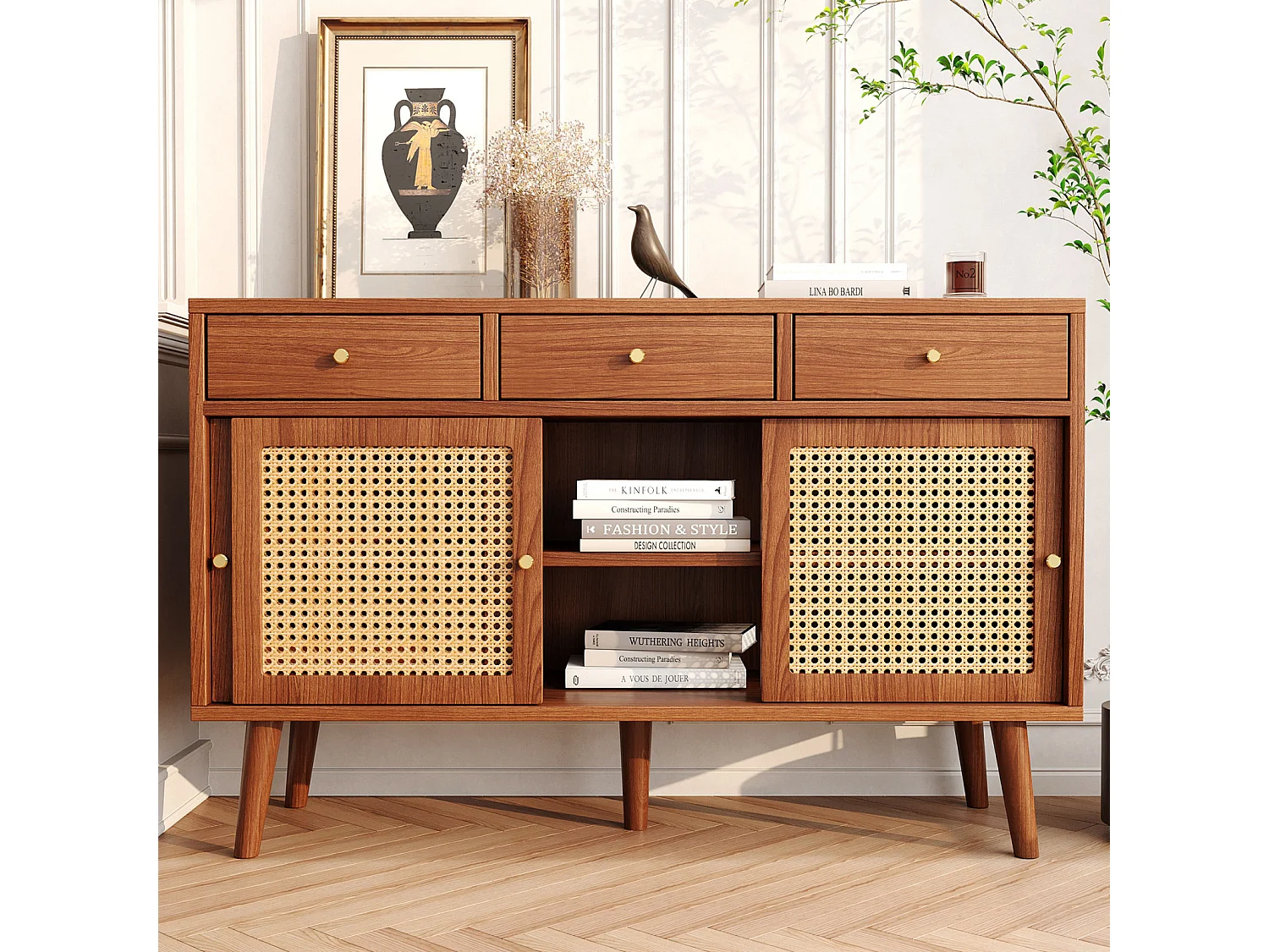 Buffet avec 3 tiroirs 3 rotin portes coulissantes, étagères réglables, noyer, 120x40x78 cm