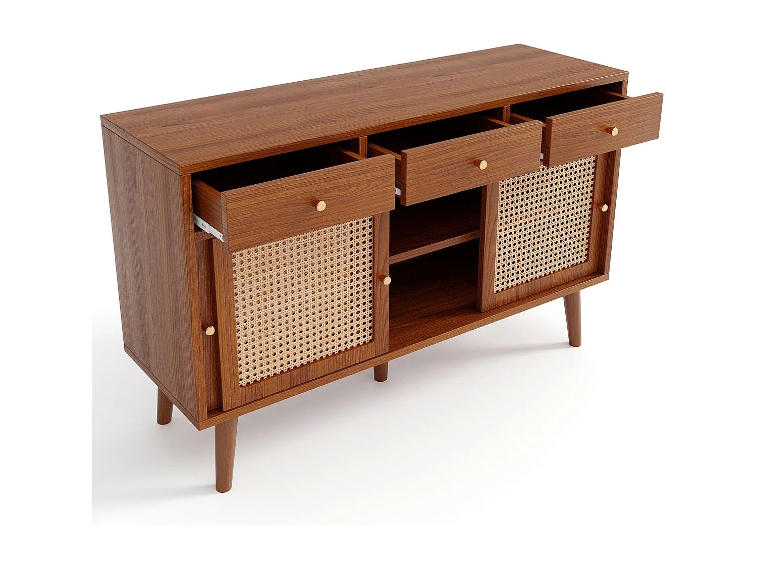 Buffet avec 3 tiroirs 3 rotin portes coulissantes, étagères réglables, noyer, 120x40x78 cm