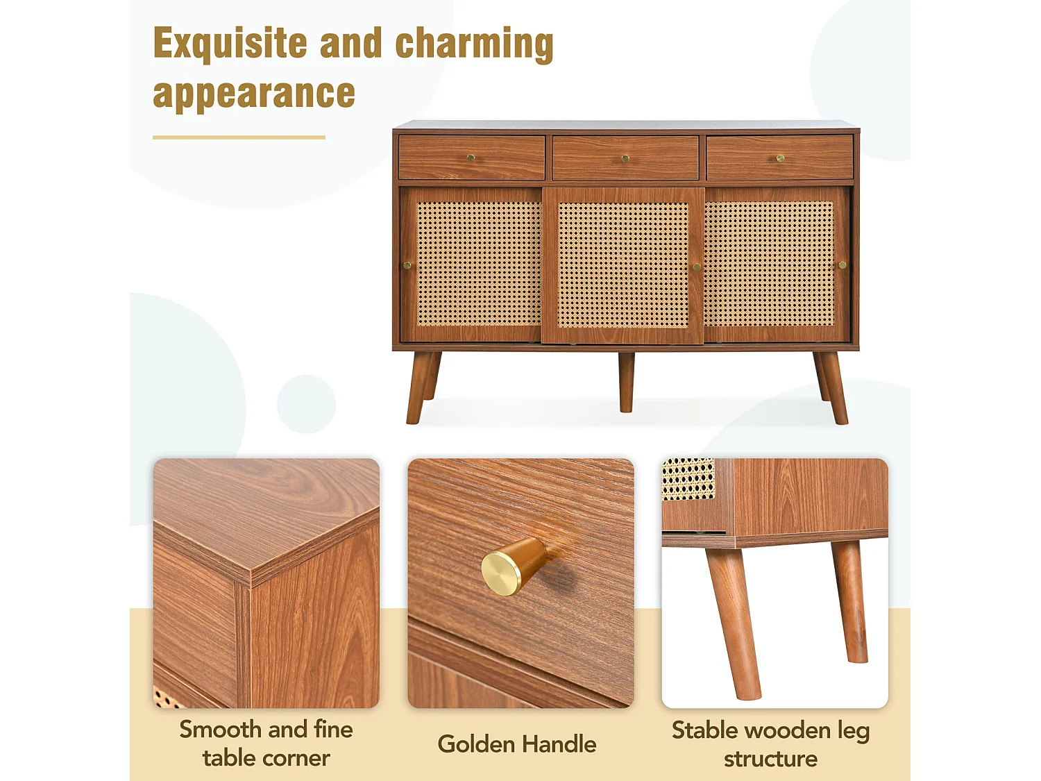 Buffet avec 3 tiroirs 3 rotin portes coulissantes, étagères réglables, noyer, 120x40x78 cm