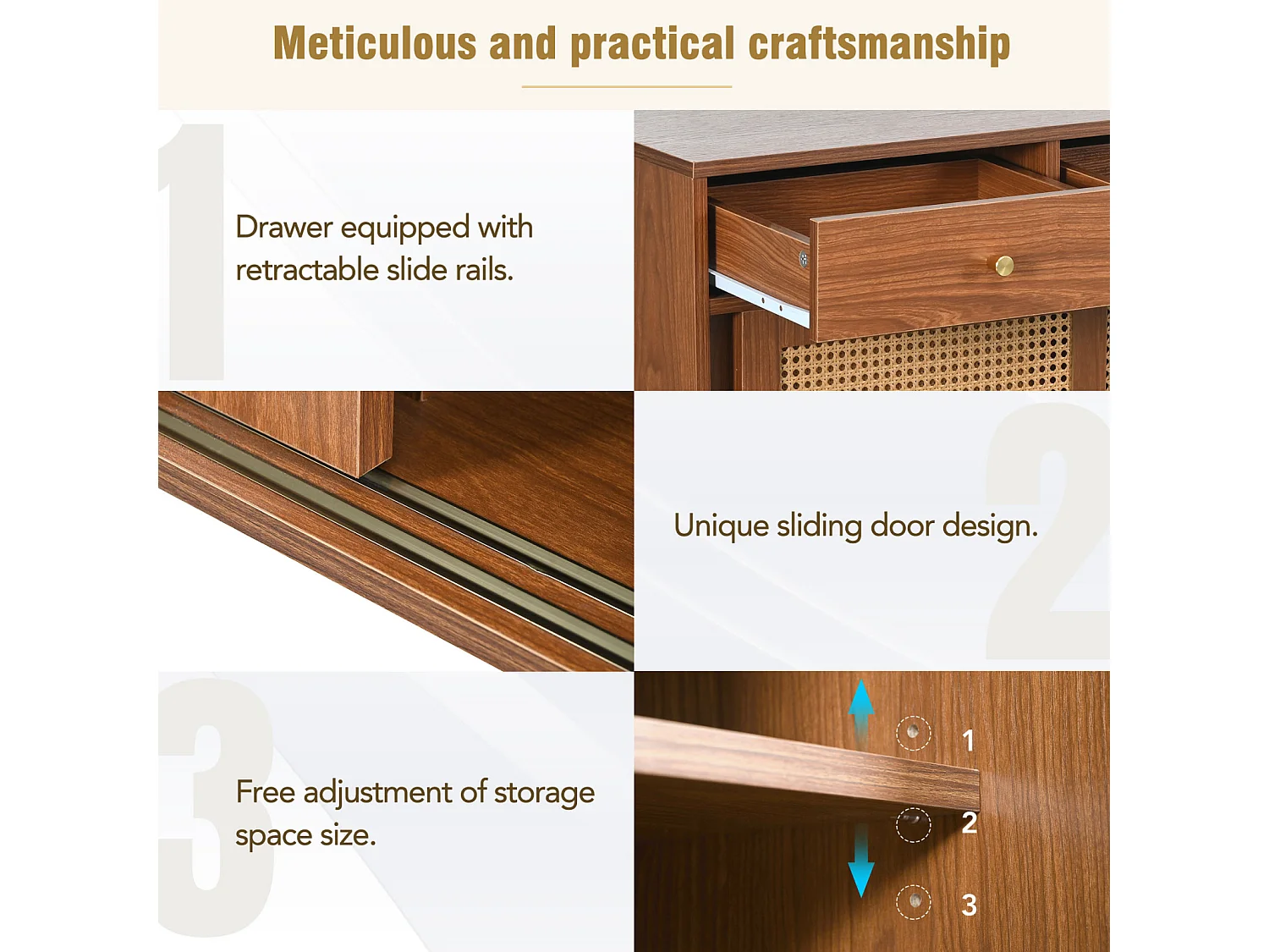 Buffet avec 3 tiroirs 3 rotin portes coulissantes, étagères réglables, noyer, 120x40x78 cm