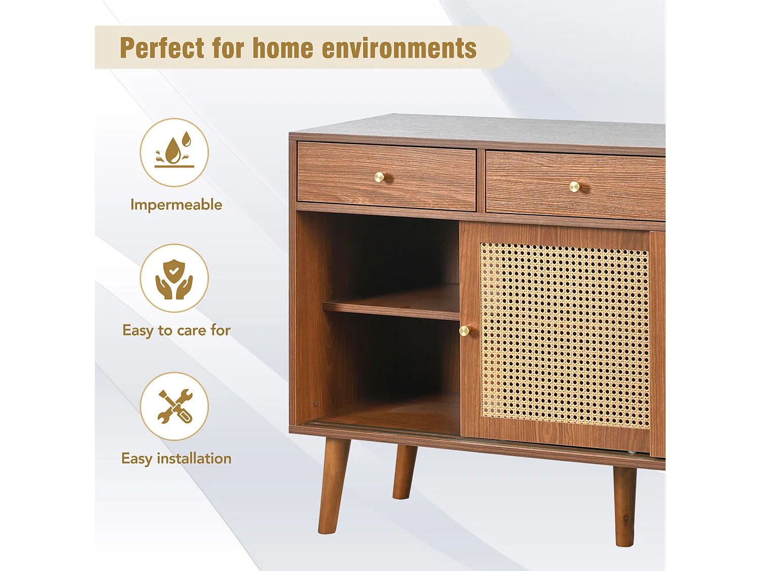 Buffet avec 3 tiroirs 3 rotin portes coulissantes, étagères réglables, noyer, 120x40x78 cm