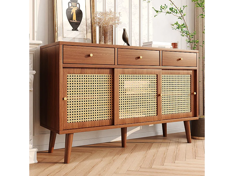 Buffet avec 3 tiroirs 3 rotin portes coulissantes, étagères réglables, noyer, 120x40x78 cm