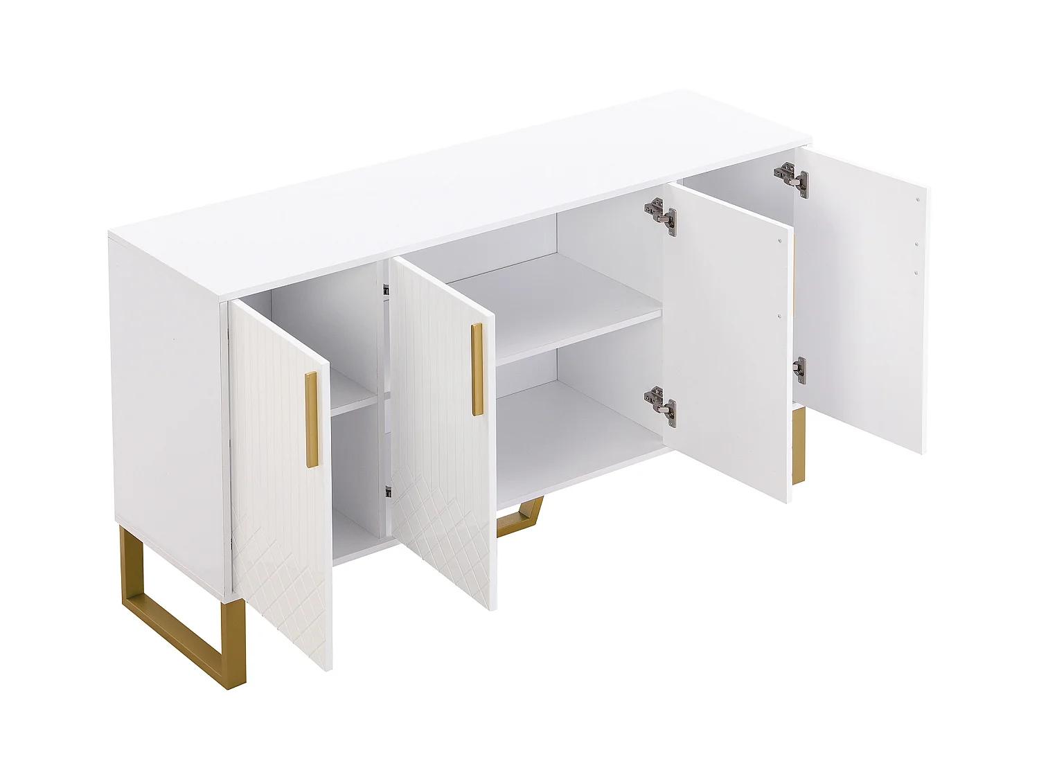Buffet brillant à 4 portes, poignées et pieds en métal, design géométrique blanc