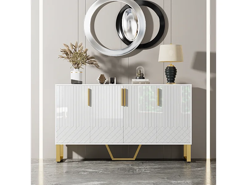 Glanzende 4-deurs dressoir met metalen handgrepen en poten, wit geometrisch design