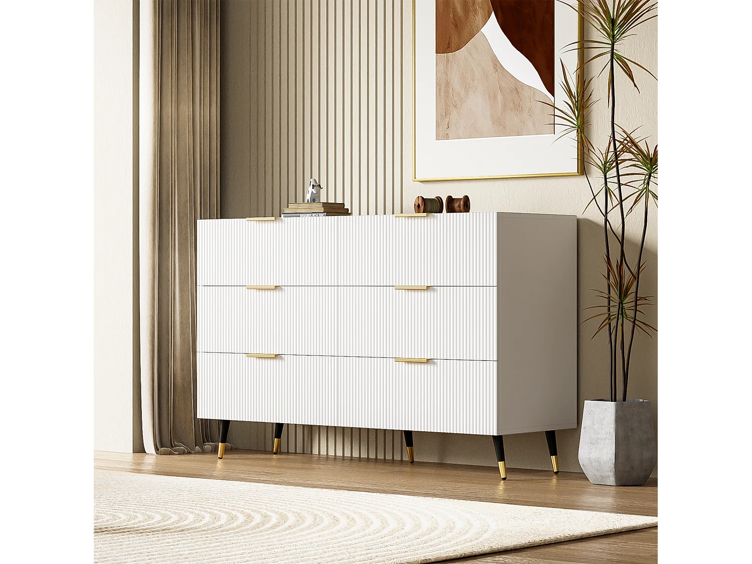 Commode 6 tiroirs Meuble tiroir Rangement Blanc avec Pieds et poignées dorés Meuble