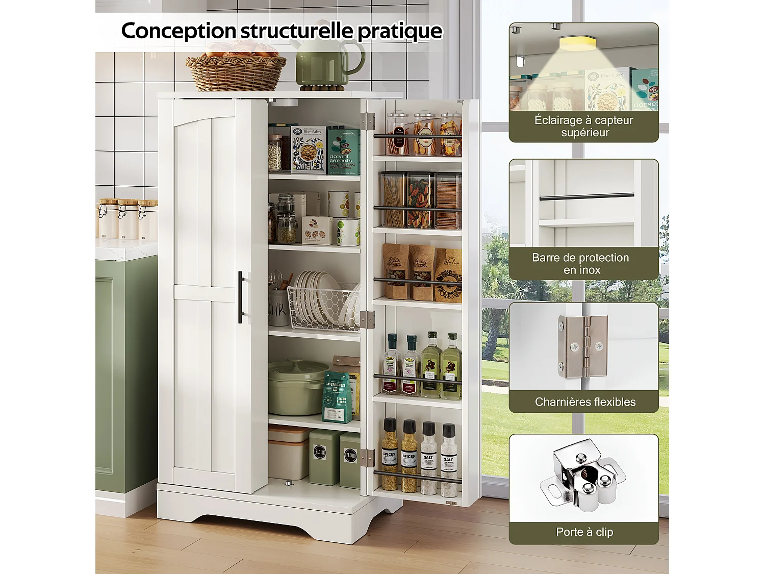 Credenza da cucina indipendente, 60 x 40 x 120 cm, mobiletto da cucina con anta, corrimano, bianco