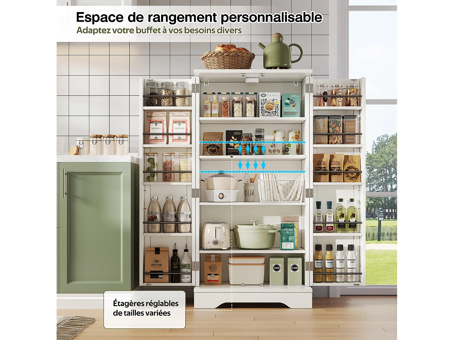 Credenza da cucina indipendente, 60 x 40 x 120 cm, mobiletto da cucina con anta, corrimano, bianco