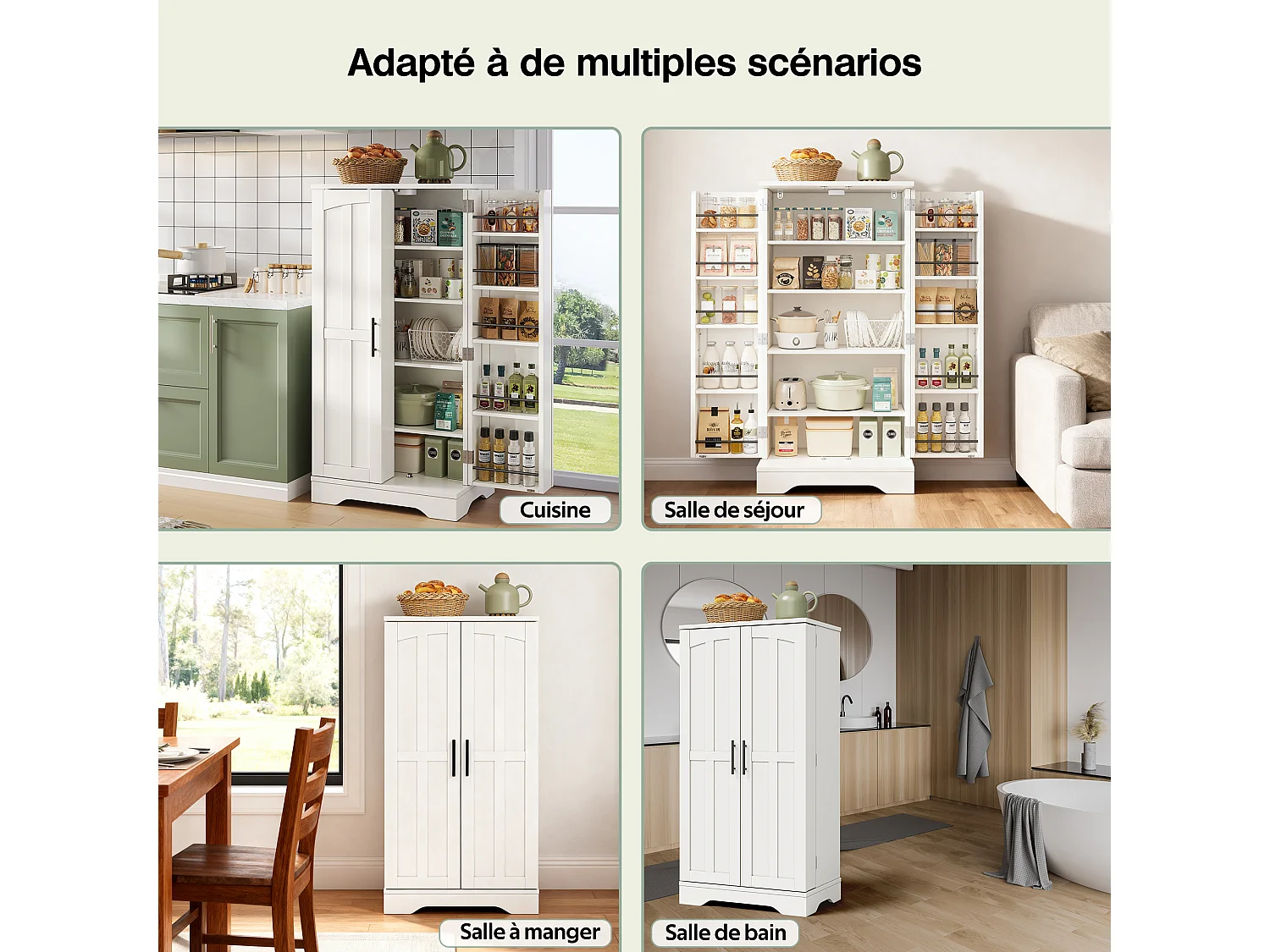 Buffet Cuisine Autoportant, Meuble Cuisine de Rangement 60 x 40 x 120 CM à Porte, Garde-Corps, Blanc