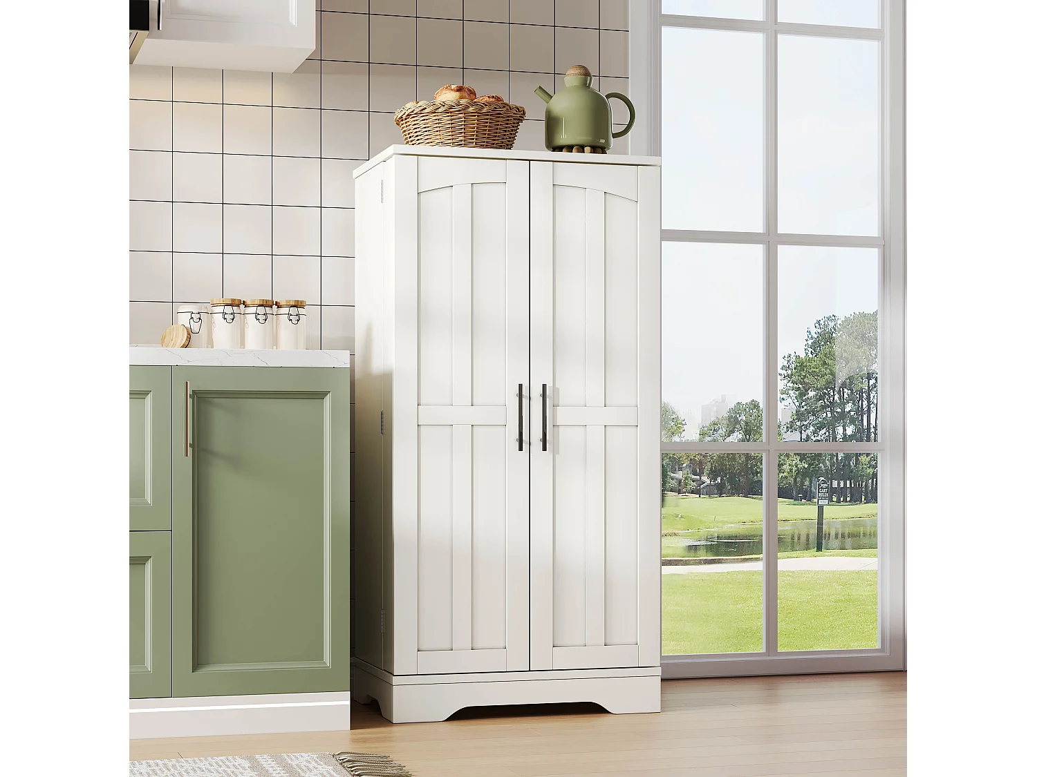 Buffet Cuisine Autoportant, Meuble Cuisine de Rangement 60 x 40 x 120 CM à Porte, Garde-Corps, Blanc