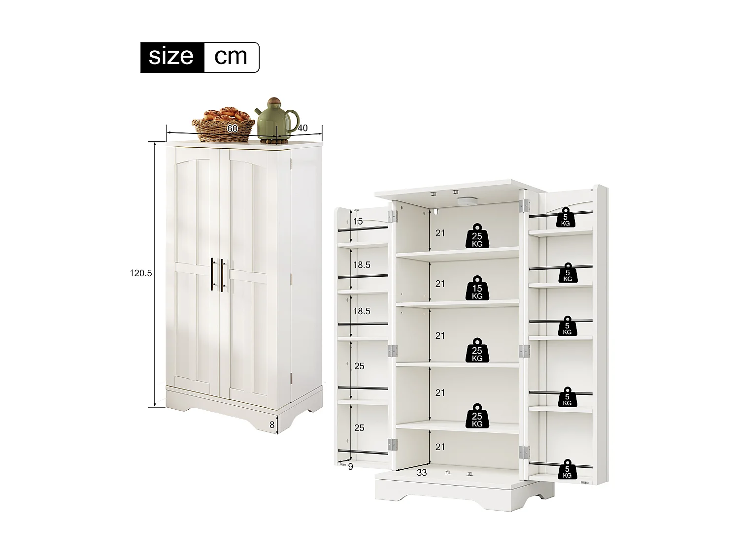 Buffet Cuisine Autoportant, Meuble Cuisine de Rangement 60 x 40 x 120 CM à Porte, Garde-Corps, Blanc