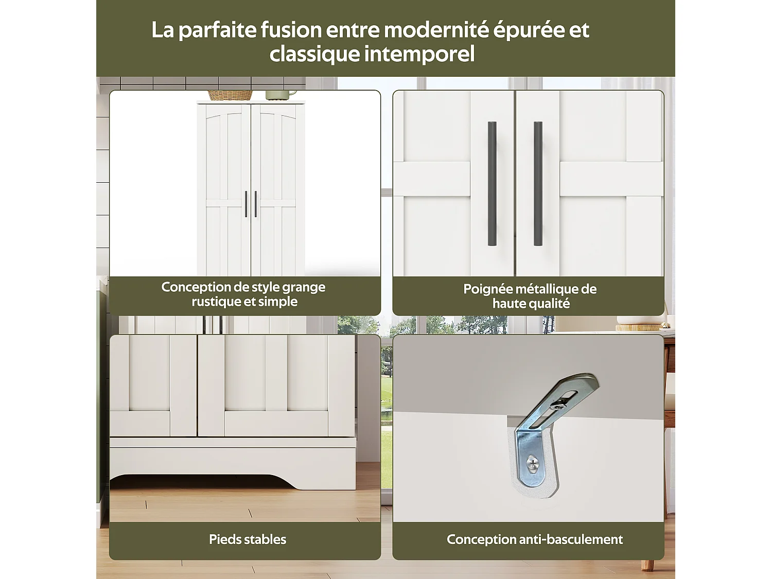 Buffet Cuisine Autoportant, Meuble Cuisine de Rangement 60 x 40 x 120 CM à Porte, Garde-Corps, Blanc