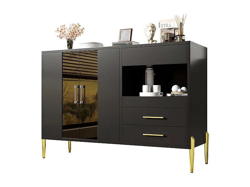 Keuken dressoir met 2 glazen deuren en 3 lades - 120 x 39,5 x 84 cm - Open planken, Zwart