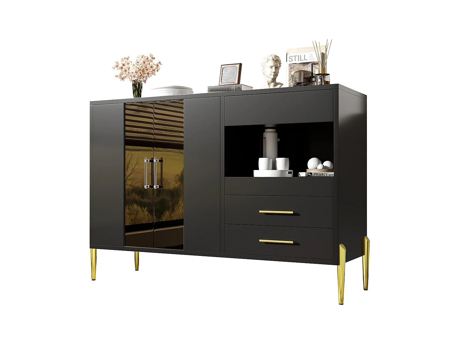 Keuken dressoir met 2 glazen deuren en 3 lades - 120 x 39,5 x 84 cm - Open planken, Zwart