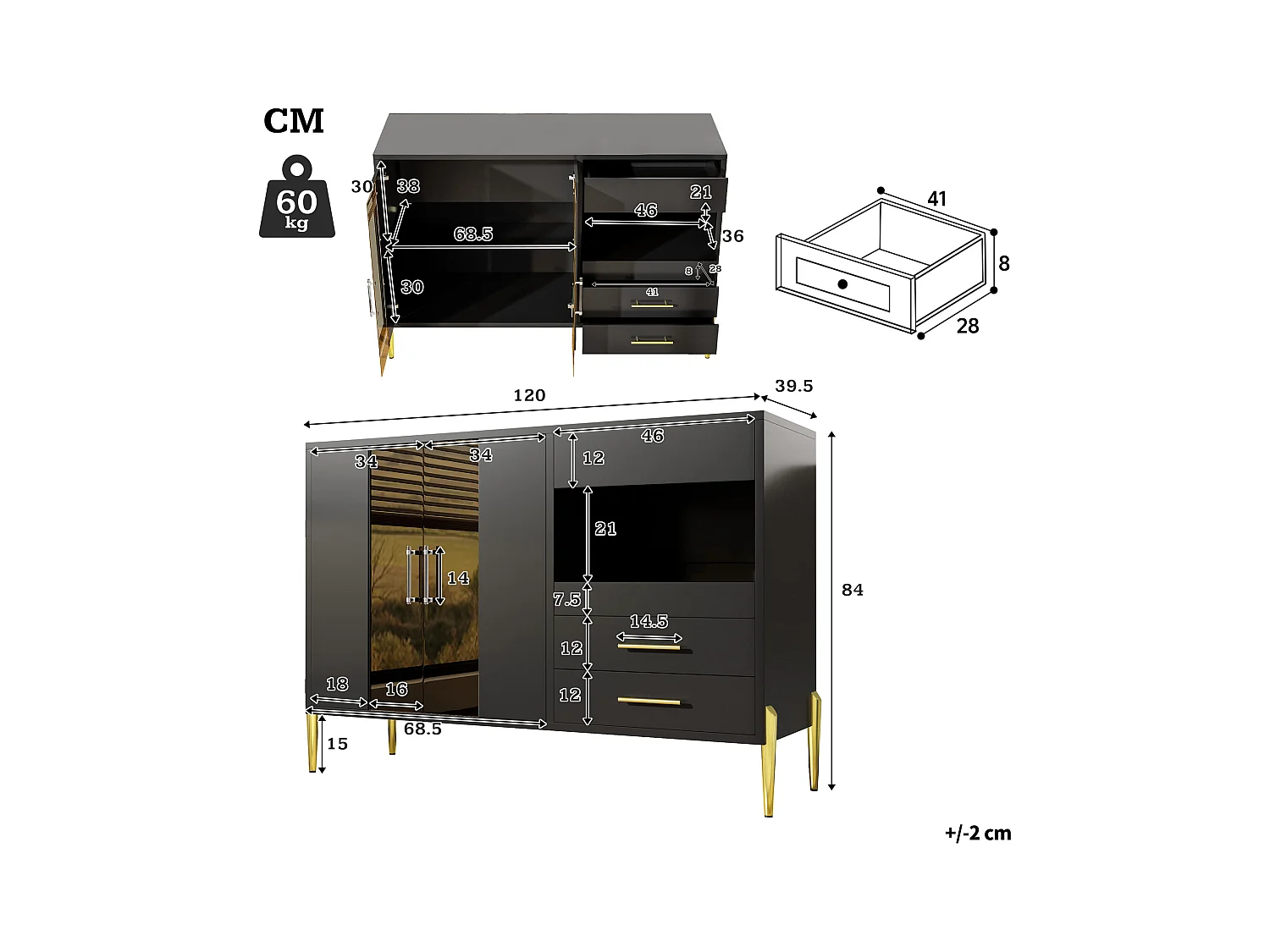 Keuken dressoir met 2 glazen deuren en 3 lades - 120 x 39,5 x 84 cm - Open planken, Zwart