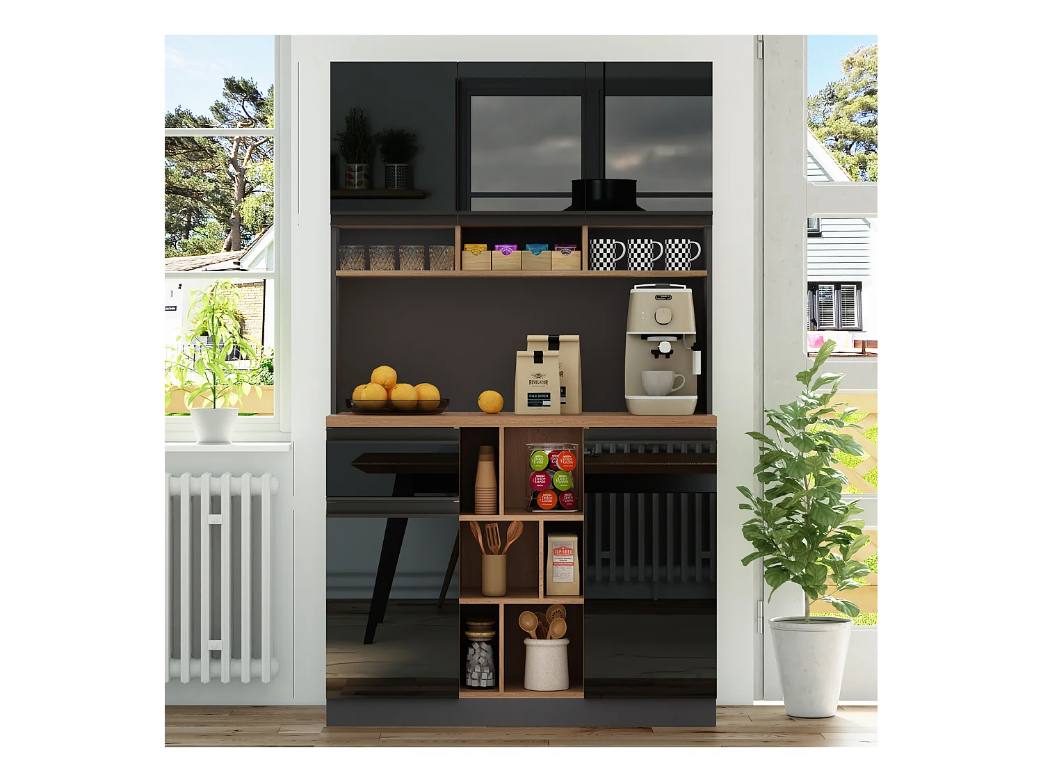 Aparador de cocina de 105 x 45 x 185 cm, mueble de almacenaje con estantes ajustables, para salón, color negro